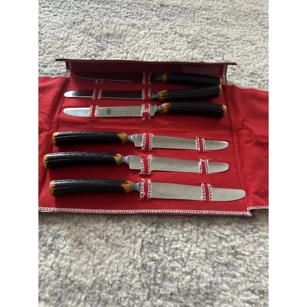 The BURNS Mfg. Co. 6 Steak Knife‎ Set in Leatherette Case & Faux Stag Handles
